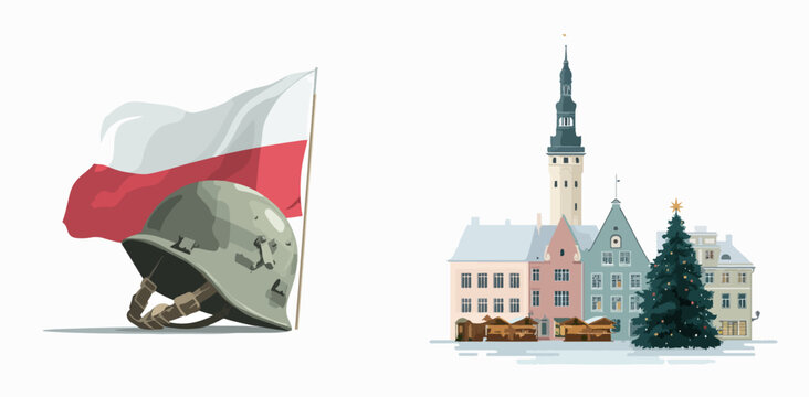 Polish Soldier Holding Flag with Tallinn Christmas Market Background