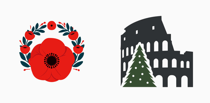 Remembrance poppy wreath with Colosseum Christmas tree illustration