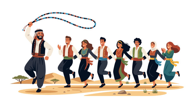 Middle Eastern Dabke line dancers holding hands in traditional dress
