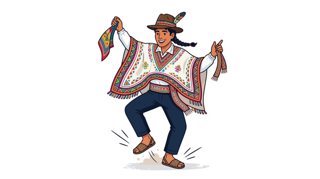 Andean South American man dancing in traditional poncho and hat
