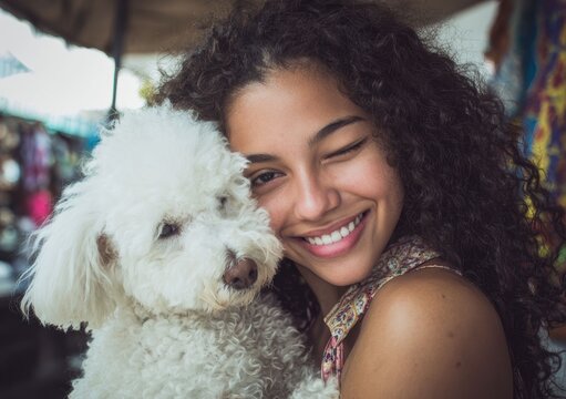 Happy woman celebrate joy and love with her dog, capturing positivity, friendship, and the happiness pet bring to life.