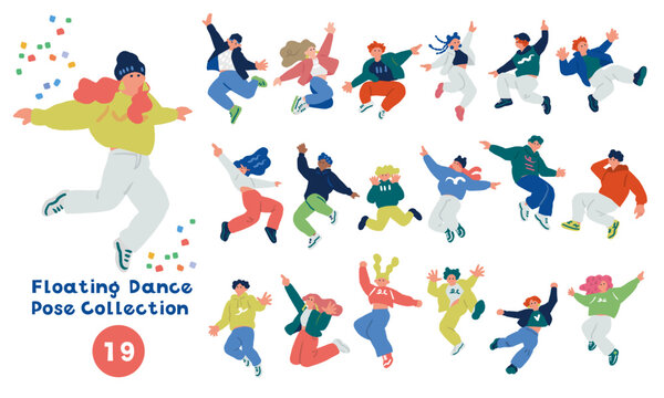ジャンプやダンスポーズをする人々が散りばめられたコレクションの手描きイラストセット