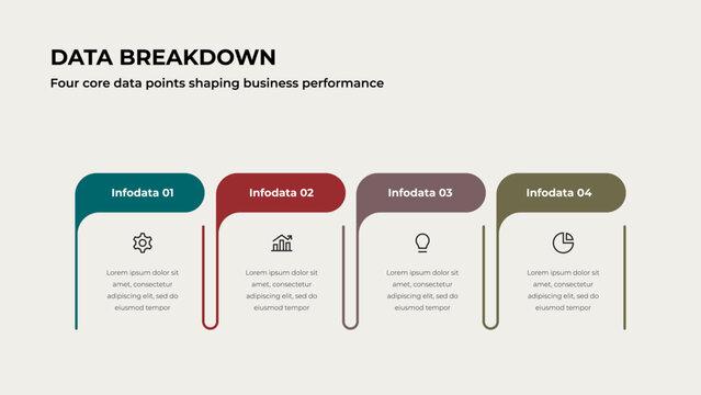 Business infographic of four columns with curved bracket lines