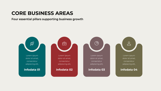 Four business option panels topped with circular icon badges