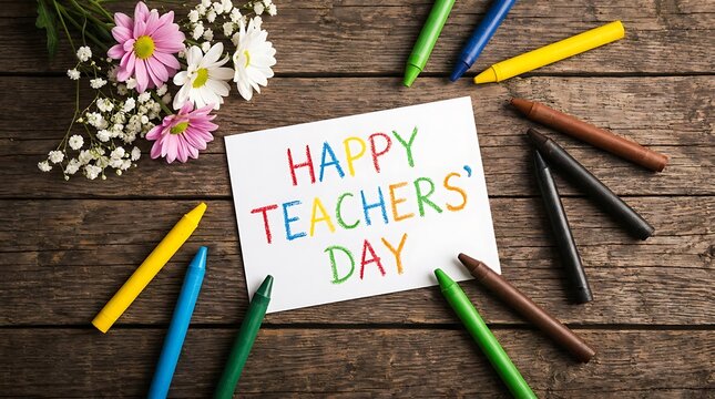 A festive greeting card for teacher's day surrounded by colorful crayons and beautiful flowers on a rustic wooden table background top view
