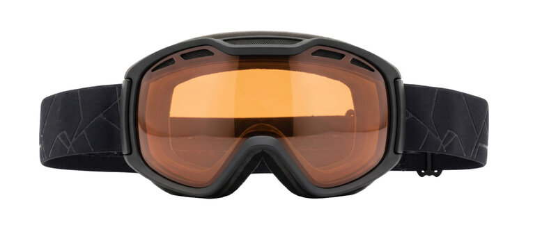 Black ski goggles with orange tinted lenses and a patterned strap