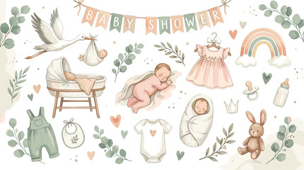 Fototapeta premium Cute watercolor baby shower element set vector illustration featuring sleeping newborn stork rainbow bassinet and clothes isolated on white background for greeting card design