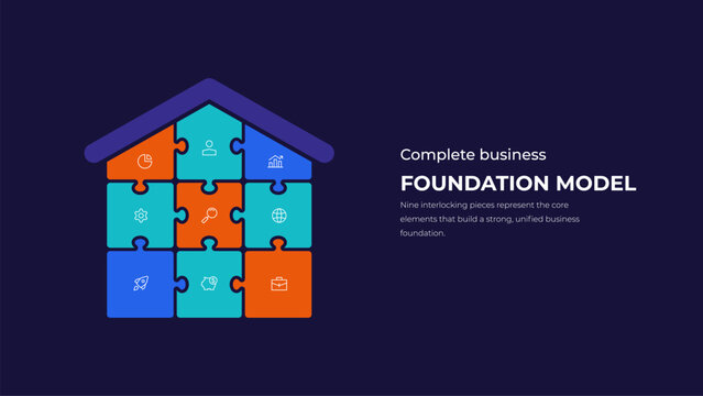 House shaped business puzzle infographic built from nine pieces
