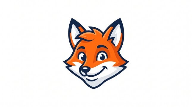 Friendly cartoon fox head with vibrant orange fur and white muzzle. Big shiny eyes, small smile, and pointy ears with navy outline. Cute vector mascot style on white background.