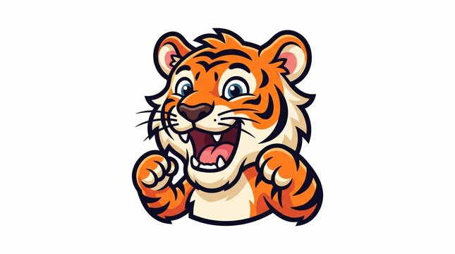 Energetic cartoon tiger with bright orange fur and black stripes. Big blue eyes, wide grin showing fangs, paws up like cheering. Bold vector mascot style on white background.