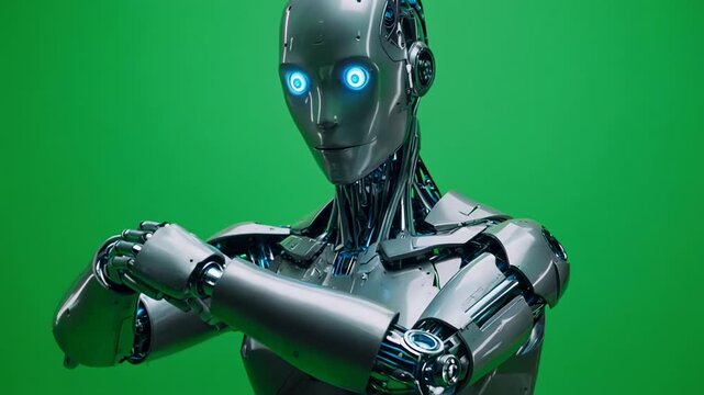 Futuristic head turning with glowing blue eyes against a green screen background