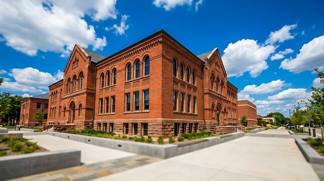 Red brick university building under bright blue sky.