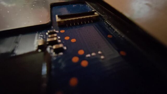 Extreme macro close-up shot of a laptop touchpad internal printed circuit board (PCB), microchips, electronic connectors, and computer hardware components.
