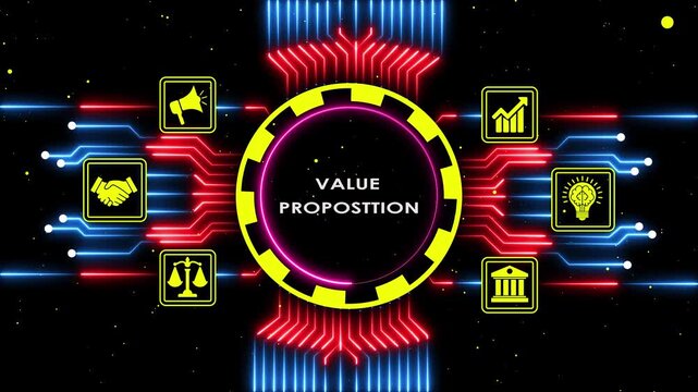 Digital value proposition concept with glowing icons on animated black space background.