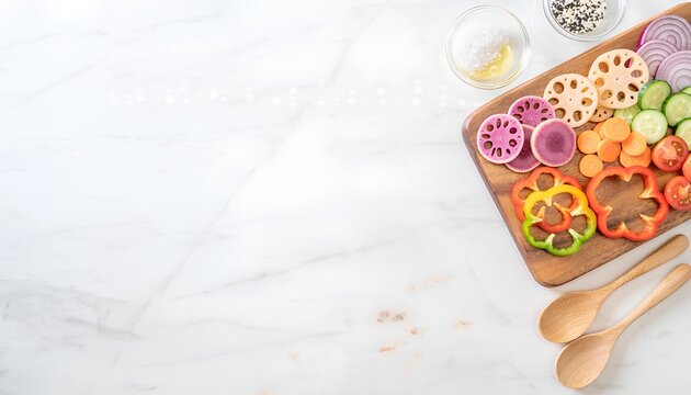 大理石天板の上に並ぶ新鮮なカット野菜とコピースペース