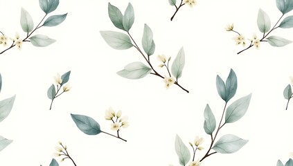 Obraz premium Seamless pattern with watercolor grey leaves and small yellow flowers on twigs