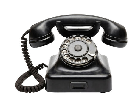 Classic black rotary dial telephone with coiled cord on a white background