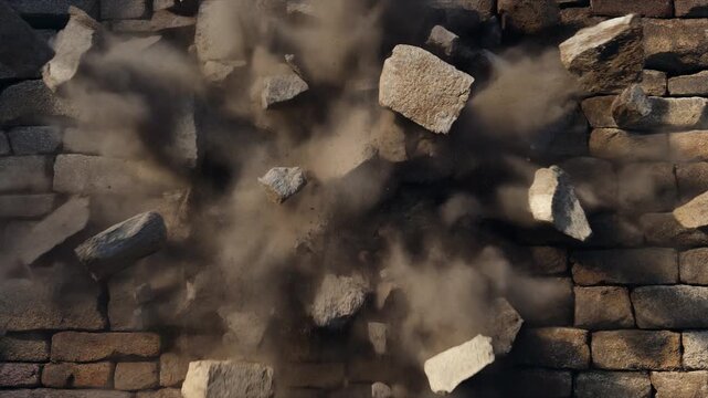 粉砕して爆発する古代の石壁のクローズアップ・VFX素材