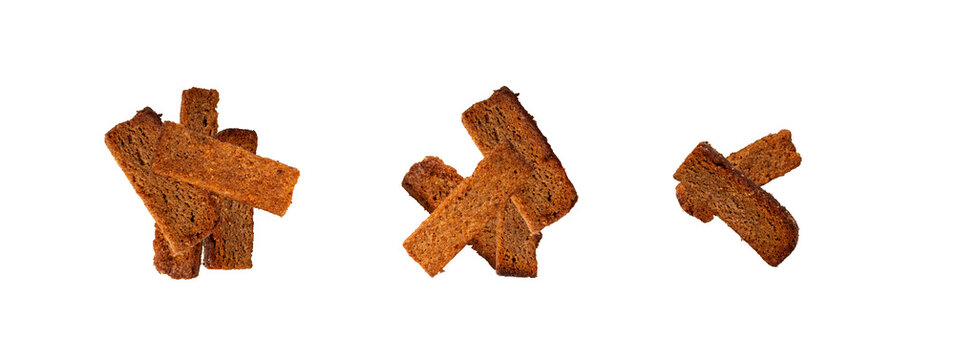 Rye Croutons Isolated, Homemade Brown Bread Rusks, Crispy Bread Cubes