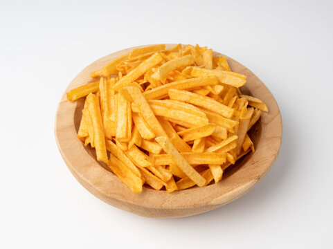 Fried chips sticks isolated, finger potato chips, golden shoestring fries pile, French fries
