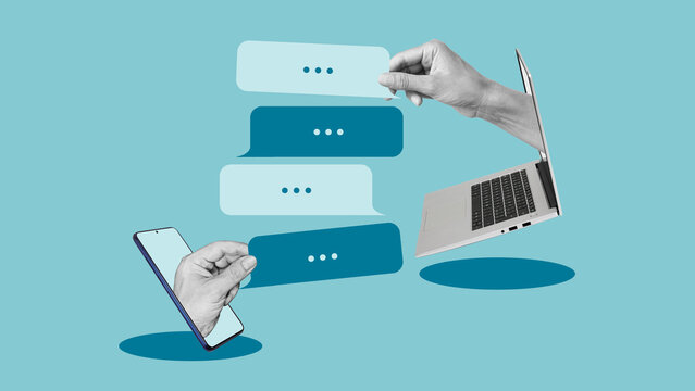 Online Messaging, Digital Communication, Instant Chat Conversation, Mobile and Laptop Communication, Text Messages, Customer Support, Remote Collaboration and Social Network Concept