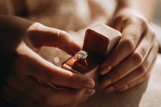 Romantic close-up of a hand presenting an engagement ring from a velvet jewelry box