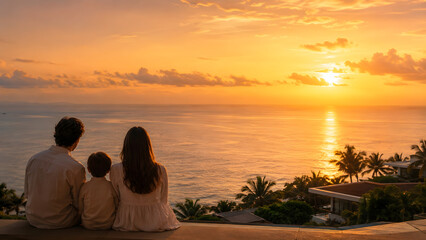 Fototapeta premium Family Watching Tropical Ocean Sunset Together – Parents and Child Sharing Peaceful Vacation Moment