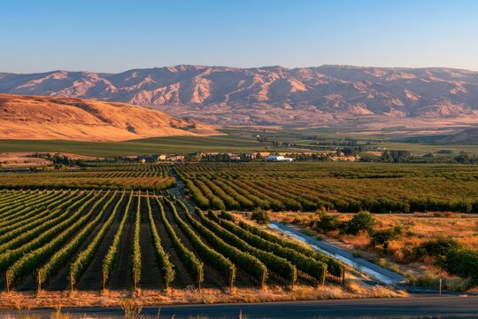Rugged mountains overlook a rural Yakima Valley with vineyards and orchards at sunset
