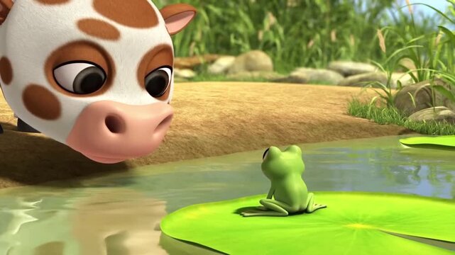 Cute Cartoon Cow and Frog Friends by the Pond