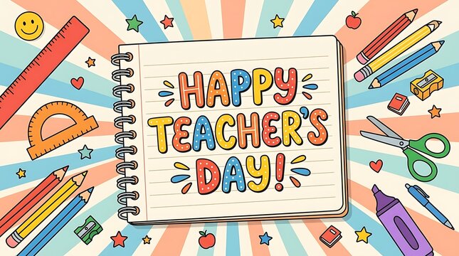Colorful hand drawn illustration for teacher's day featuring school supplies like pencils books and stationery on a vibrant rainbow sunburst background