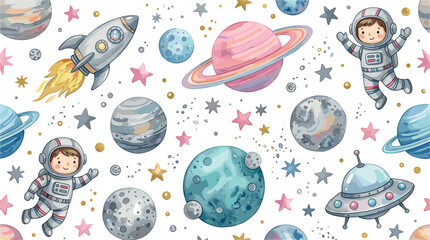 Cute space watercolor seamless pattern vector background with little astronauts rockets planets stars and ufo for kids nursery textile wallpaper design © MstBizly