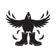 Fototapeta premium Black silhouette of a funny chicken wearing rubber boots with feathers flying around Vector
