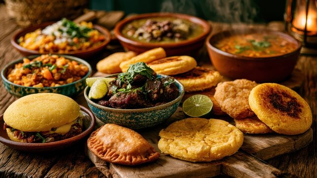 Selecci&Atilde;&sup3;n de comida tradicional venezolana y colombiana presentada en una mesa r&Atilde;&ordm;stica