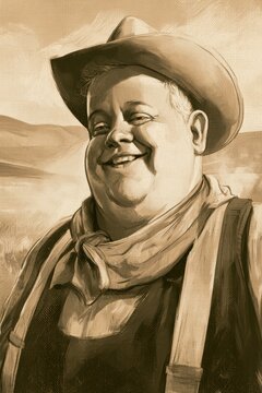 Sepia-toned portrait of a witty prairie entertainer in classic Western style illustration