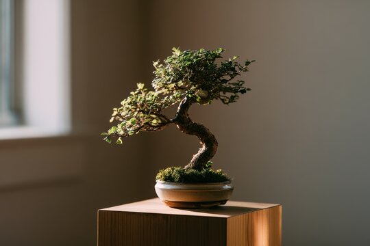 Serene bonsai on a wooden pedestal bathed in soft natural light