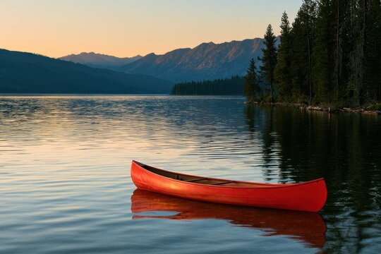 Serene Cooper Lake shore with a vivid red canoe and forest backdrop in Washington