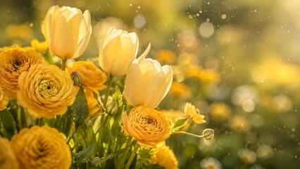 Obraz premium Yellow Roses Ranunculus and Tulips Glowing in Golden Sunlight