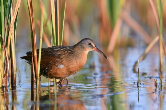 Serene marsh scene featuring a Virginia Rail and calm water reflections