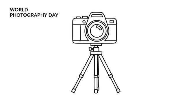 World Photography Day celebration with a retro camera on a tripod, minimalist line art.