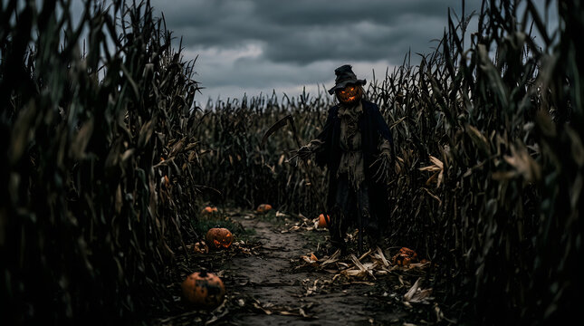 Spooky scarecrow figure in a dark cornfield, eerie Halloween landscape with pumpkins and scythe, cinematic horror aesthetic in a misty corn maze