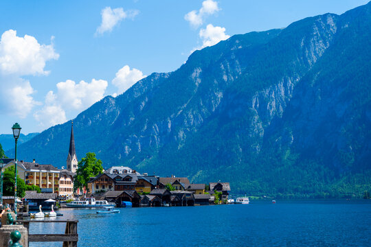 Hallstatt Village on a Lake with Alpine Mountains in Austria