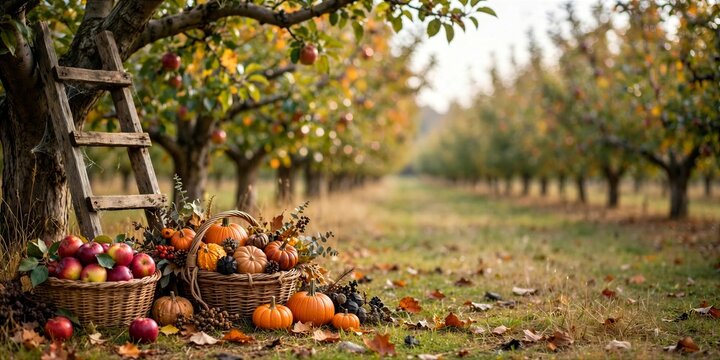Halloween Apple Orchard Ladder with Pumpkins and Harvest Basket