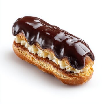 Miniature dessert crafted as a mini eclair with glossy chocolate isolated on a white background