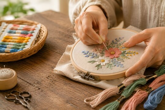 花柄刺繍を刺繍枠に縫う手元のハンドメイド素材