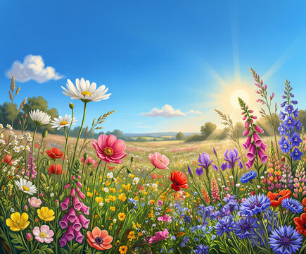 Beautiful spring meadow at sunrise with a variety of flowers in  bloom. Illustration generated by AI.