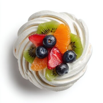 dessert designed as a bite-size pavlova with fruit isolated on a white background