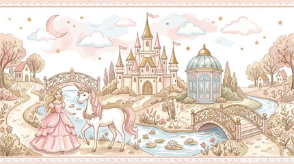 Fairytale princess castle seamless border vector watercolor illustration with cute magic unicorn palace garden and river scenery for baby girls nursery wallpaper design © MstBizly