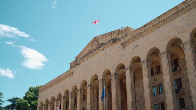 Grand facade of the Parliament of Georgia building in Tbilisi