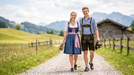 Fototapeta premium dressing in dirndl and lederhosen, Man and woman walking in traditional Bavarian attire on countryside path 