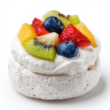 Miniature dessert designed as a bite-size pavlova with fruit isolated on a white background